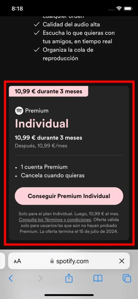 Selecione o plano Spotify desejado